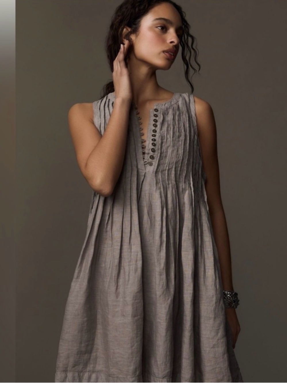 Linen Sleeveless Pleated Mini Dress